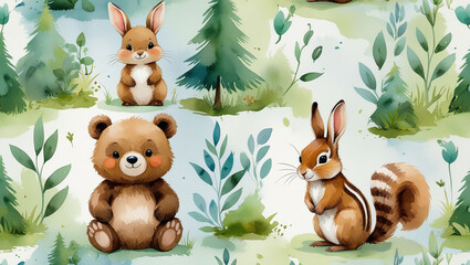 Naklejka premium Watercolor animals seamless pattern background with bear rabbit squirrel forest trees leaves nature art