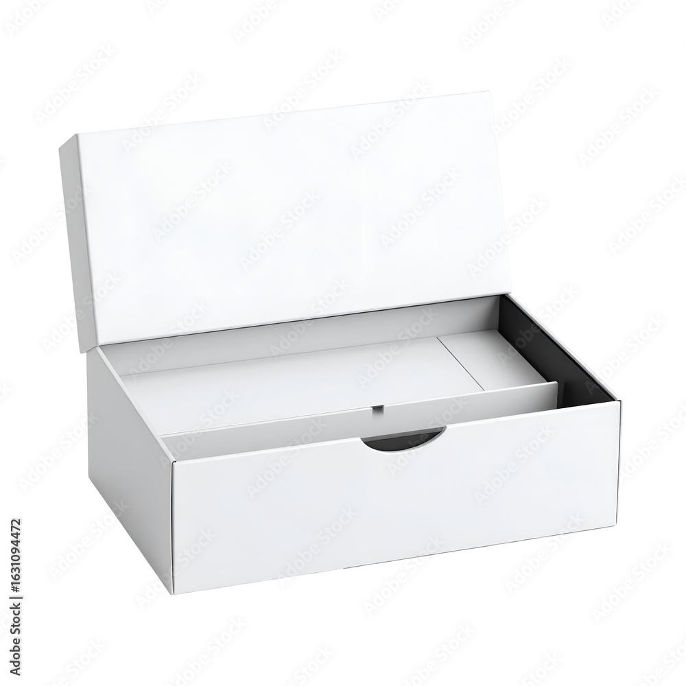 Poster clean white open packaging box isolated on transparent background minimalist product container mocku