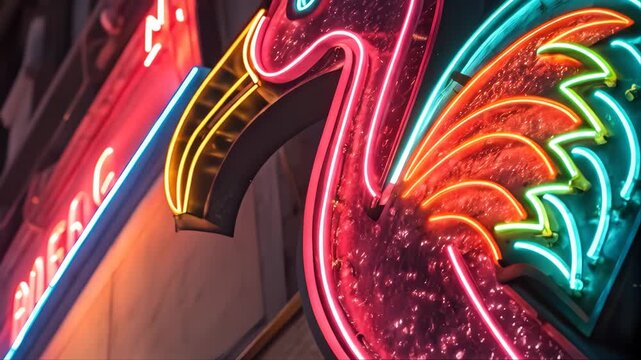 Colorful vector illustration of a neon flamingo at night