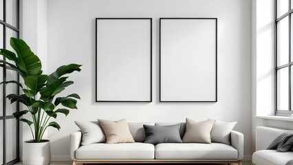 minimalist living room interior with white sofa and blank frames for design mockups