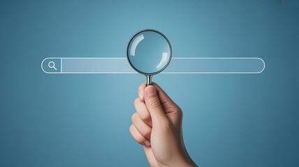Hand holding magnifying glass over search bar; online search concept; blue background; technology; digital; investigation.