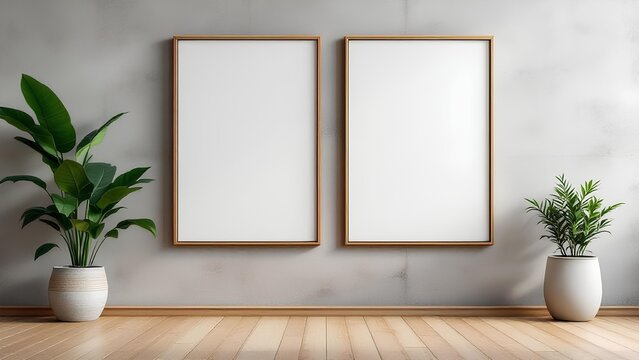 Two blank wooden frames mockup on a minimalist gray wall with green potted plants and wooden floor
