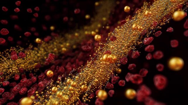 Animated sequence depicting golden LDL lipoproteins clustering and narrowing blood vessel pathways representing hyperlipidemia risks.