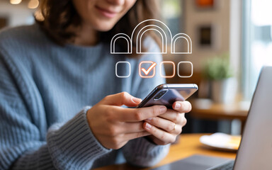 Woman using smartphone with cloud computing and checklist graphic overlay Keywords: woman, smartphone, mobile, technology, cloud computing, data