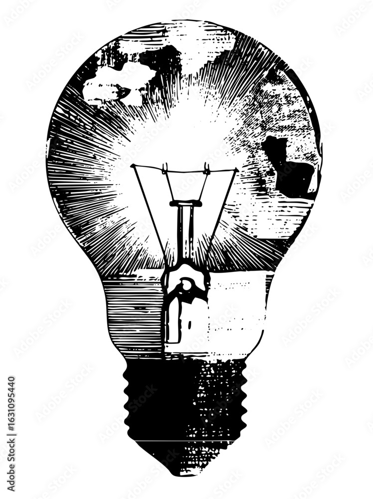 Poster vector globe within a lightbulb represents global ideas and innovation.