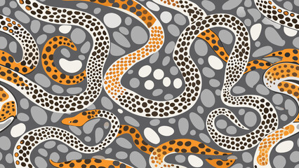 Fototapeta premium Abstract pattern of winding snakes with orange and white spotted bodies on grey background