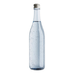 Clear glass bottle with light blue liquid and silver cap
