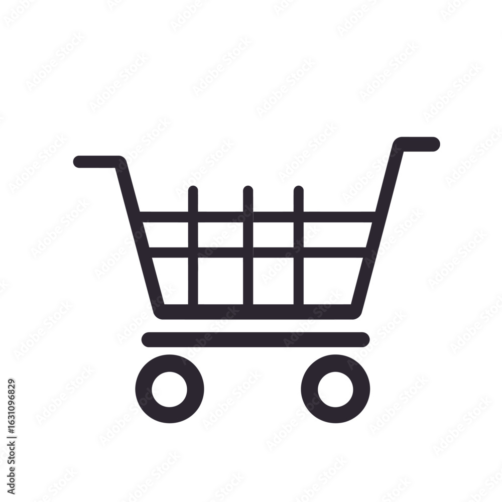 Poster simple dark gray shopping cart icon with handle and two wheels isolated