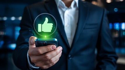 Businessman holding a smartphone displaying a glowing green thumbs up icon symbolizing positive feedback and social media approval