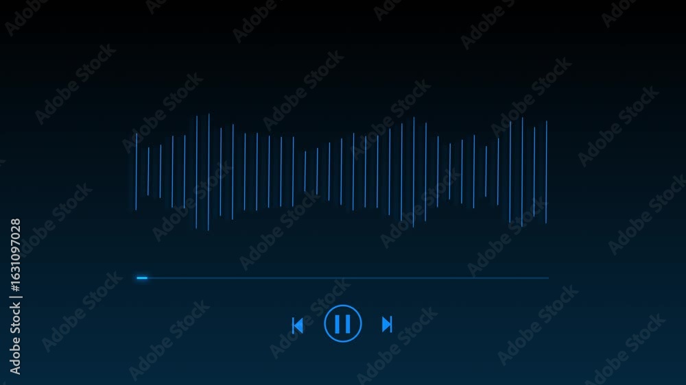 Poster interface showing animated music waveform pulsing to beat. glowing blue lines reflects digital audio