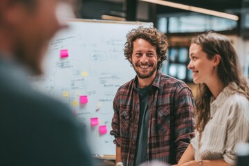 An afternoon in a creative studio with whiteboards full of notes and sketches A designer a developer and a marketer are working together on a new product, Generative AI
