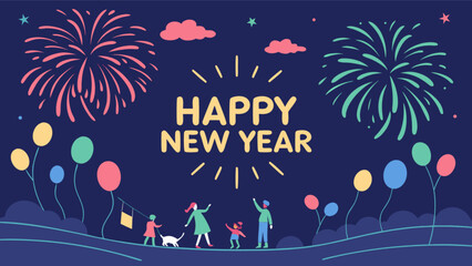 Happy new year celebration with fireworks and family vector illustration for greeting card and banner design