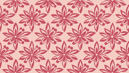 Seamless pattern of stylized pink floral motifs with berry accents on a light pink background