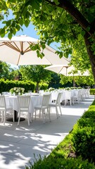 Outdoor patio dining area under trees
