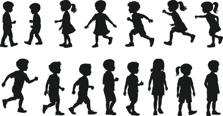 Children walking and running silhouette, kids side view activity pose, outdoor motion figures, vector artwork, flat vector illustration