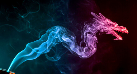 Fototapeta premium Mystical dragon head formed from colorful smoke