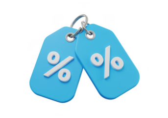 3d illustration of two blue discount tags with percentage signs isolated on transparent background