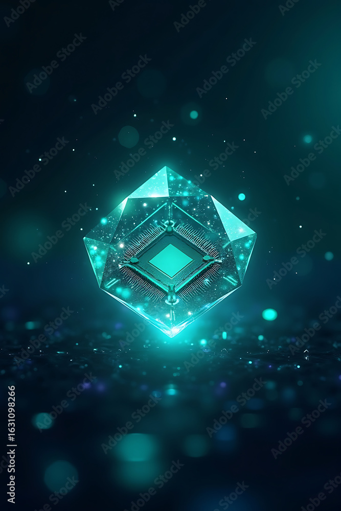 Aufkleber a glowing, crystalline structure with embedded circuitry, floating in a dark, speckled environment.