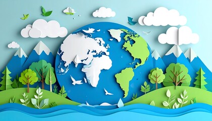 Paper craft depicting Earth's landscape, featuring mountains, trees, and a stylized globe