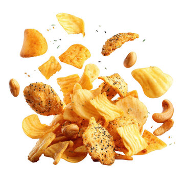A vibrant mix of savory snacks, including crunchy chips, seasoned crackers, and roasted cashews, suspended in mid-air against a black background