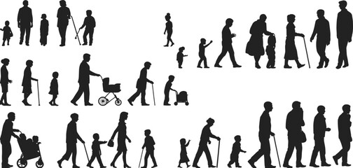 Family generation silhouettes, parents with children, old people with cane, walking crowd, life stages, stroller pushing, flat vector illustration
