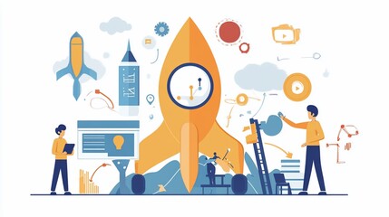Illustrative Rocket Launch Concept with Team Collaboration and Innovation