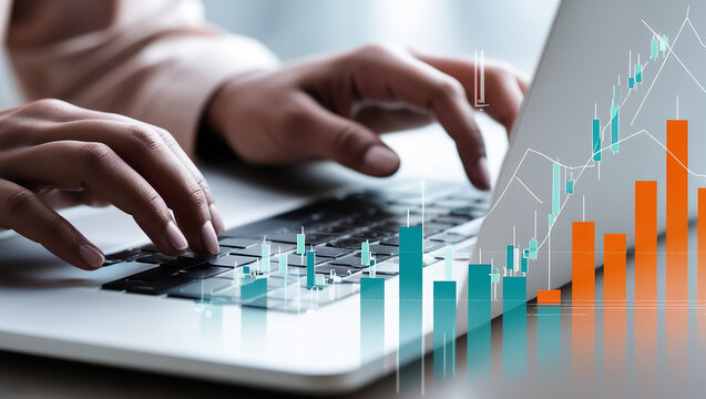 Close-up of hands using laptop, overlaid with vibrant teal and orange financial growth charts; modern, professional, successful business concept. - Powered by Adobe