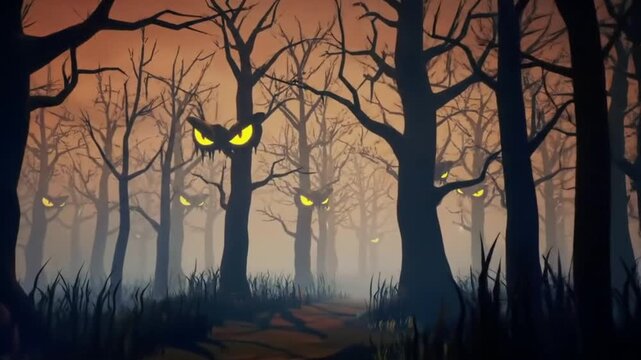 Spooky forest glowing with eerie eyes