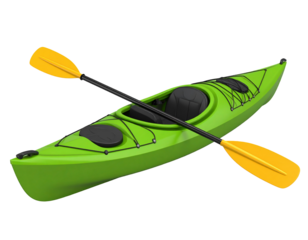 Green kayak with paddle, isolated on black, ready for water adventure, suitable for recreational use