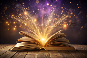 Open book with golden light and magical sparkles erupting from pages image photo