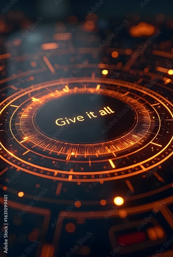 Poster abstract orange and black technological circular design features glowing lines and a central message