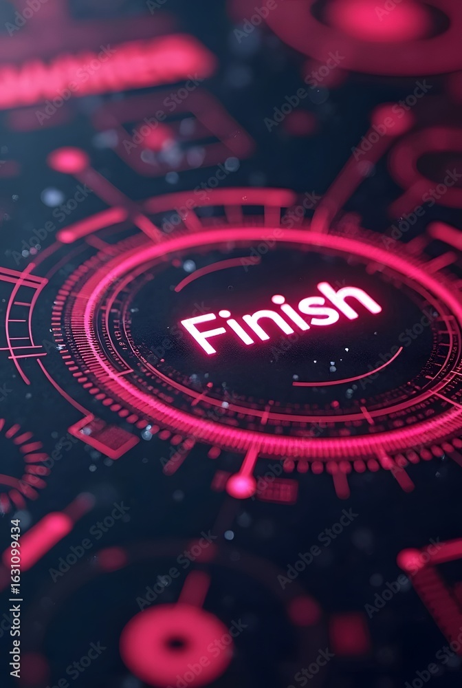 Poster abstract glowing pink hud interface displays the word finish, vertical composition. this futuristic 
