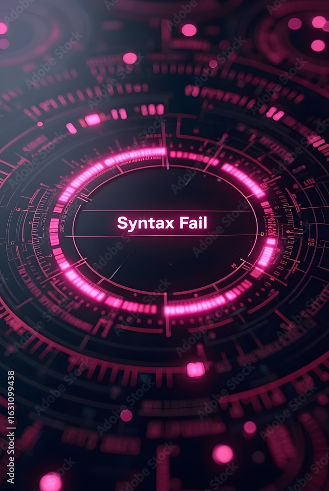 Poster digital hud interface displays a syntax error message, vertical composition. vibrant pink neon light