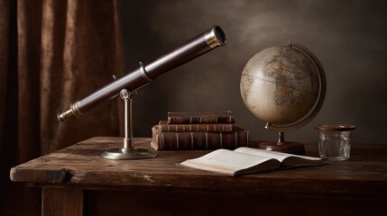 vintage telescope rests on wooden table beside stacked leather bound books antique globe and glass