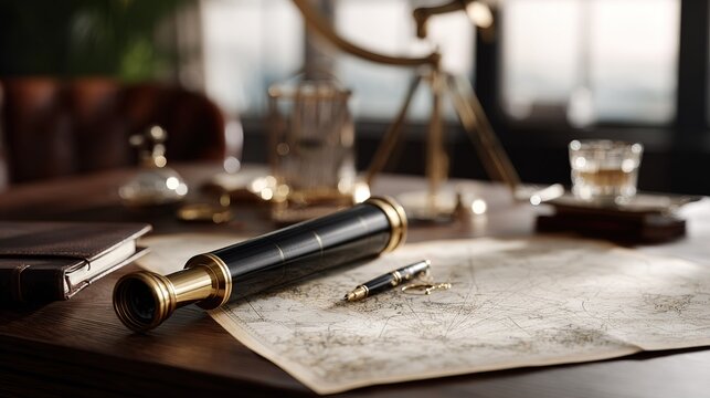 Antique telescope and compass resting on  old map beside  journal Nautical