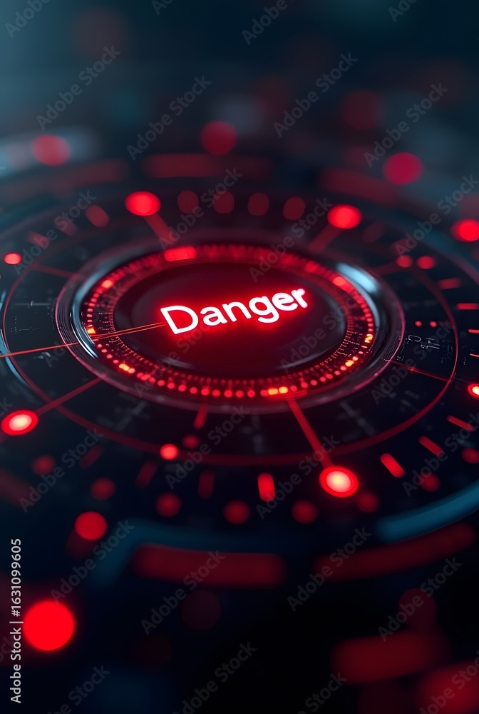 Poster cybersecurity alert concept featuring a glowing red danger sign, vertical composition. the image sho