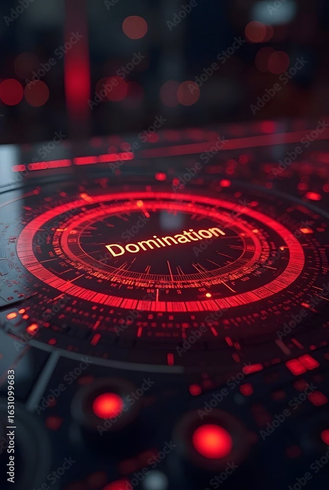 Poster intense red hues illuminate a futuristic control panel, creating a visually striking composition, ve