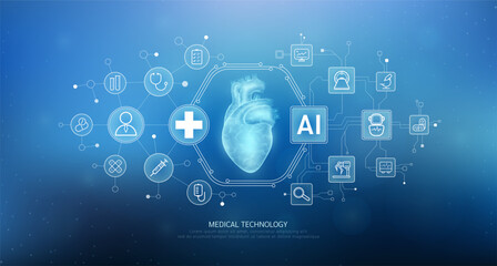Human heart translucent with medical network icons on blue background. Artificial intelligence (AI) in health care technology. Innovation in digital health smart medical diagnostics. Vector.