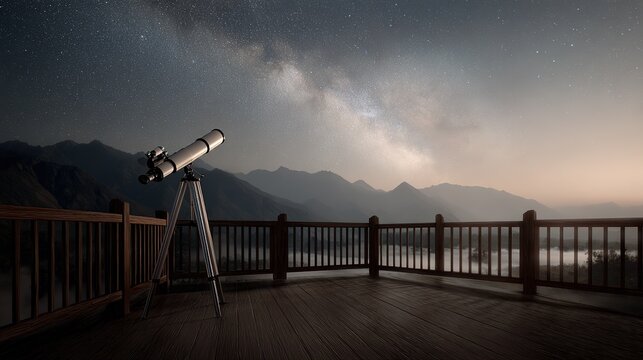 Telescope on wooden deck observing Milky Way over misty mountains at night