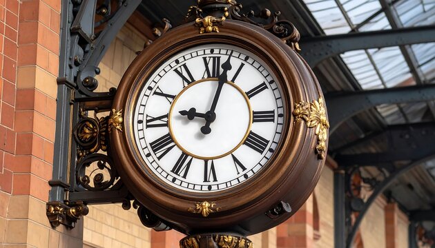 Ornate clock affixed to brick building, showing time