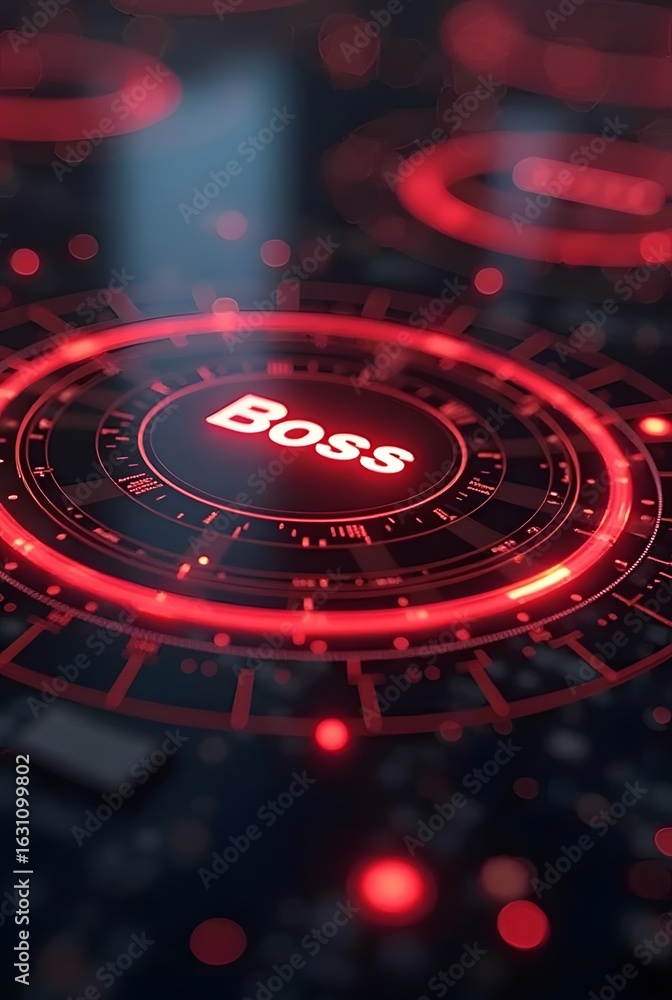 Poster red glowing circles and lines create a futuristic interface, vertical composition. the central word 