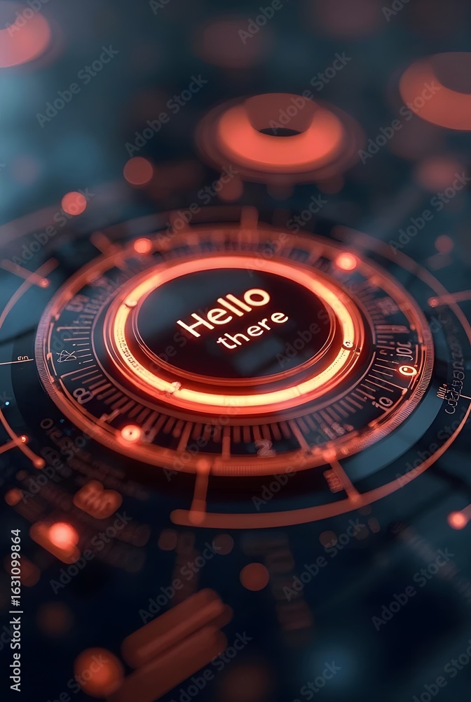 Poster red and black futuristic interface design features a central circular button displaying the words he