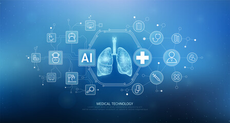 Human lung translucent with medical network icons on blue background. Artificial intelligence (AI) in health care technology. Innovation in digital health smart medical diagnostics. Vector.