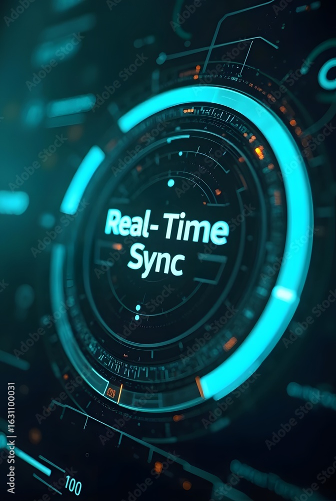 Poster futuristic teal and orange tech interface design shows a circular real-time sync display, vertical c