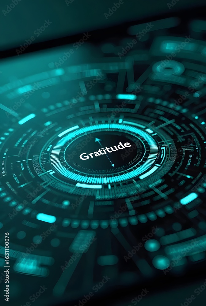 Poster a vibrant teal and black technological circular design showcases the word gratitude at its center, v
