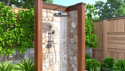 Outdoor shower with stone and wood frame, water flowing