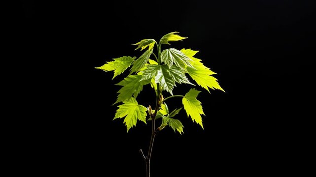 Young maple tree sapling with vibrant green leaves against a black background.