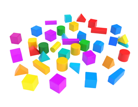 Colorful 3D shapes scattered on a black background