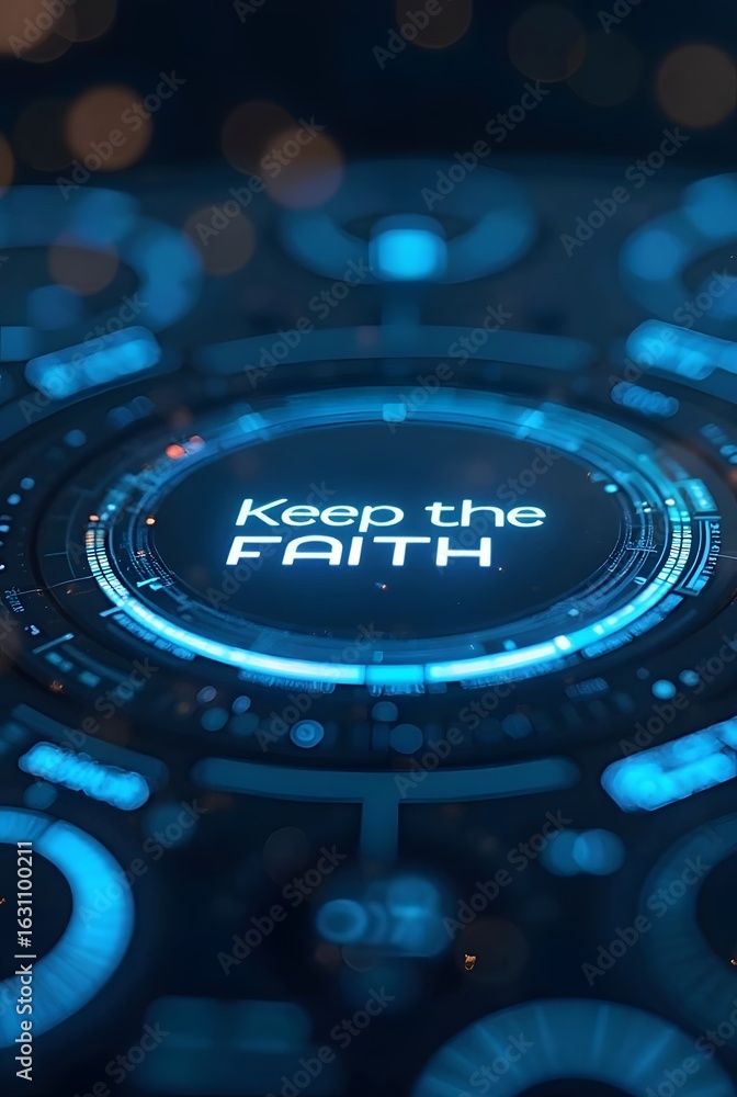 Poster futuristic blue glowing interface design features a central circular element displaying the words ke
