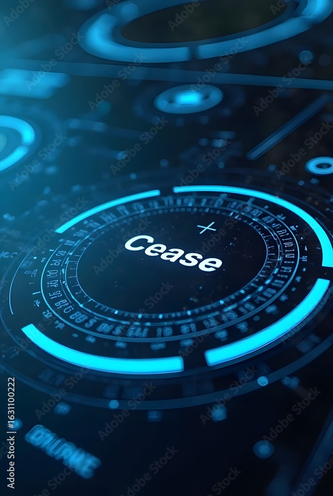 Poster futuristic blue glowing circles create a dynamic visual effect, vertical composition. the central el